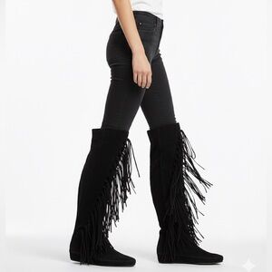 NIB ETRO Suede Fringe Over The Knee Moccasin Boot Black Sz 36